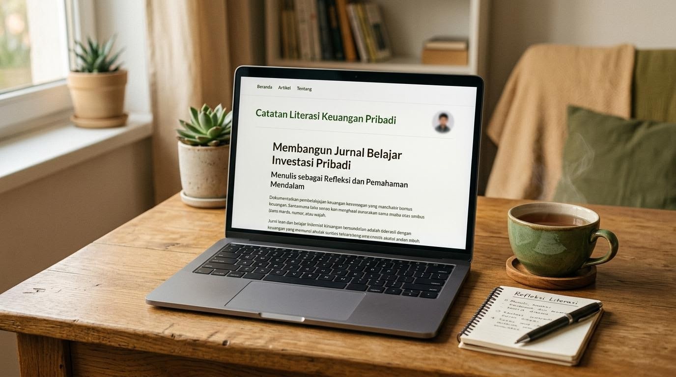 Layar laptop menampilkan rancangan halaman blog catatan belajar keuangan pribadi dengan secangkir teh