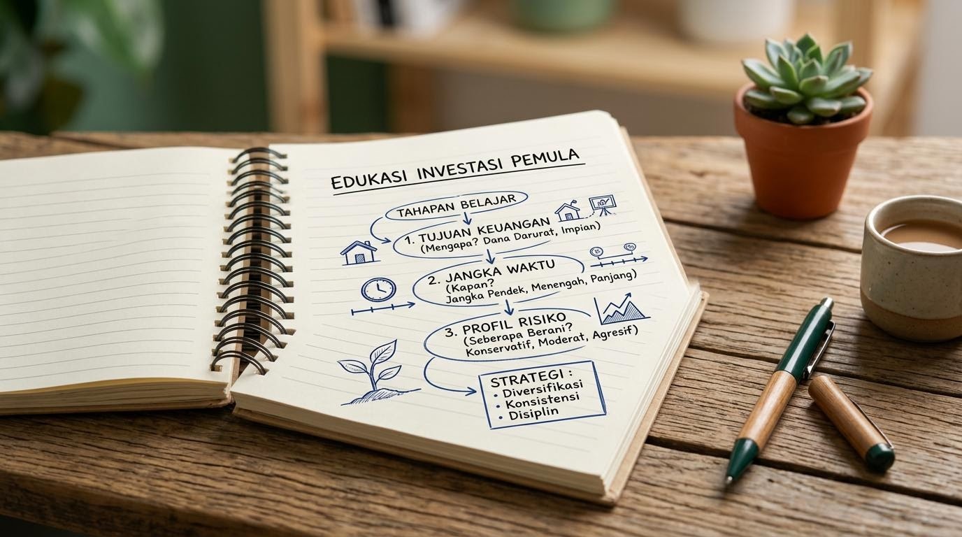 Buku catatan terbuka berisi diagram tahapan belajar investasi dasar dengan pena di sampingnya