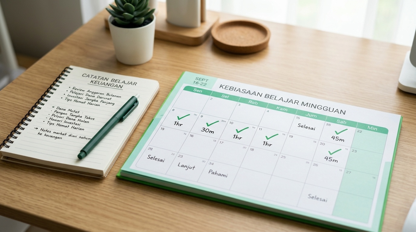 Kalender mingguan dengan beberapa kotak bertanda menggambarkan kebiasaan belajar keuangan yang rutin