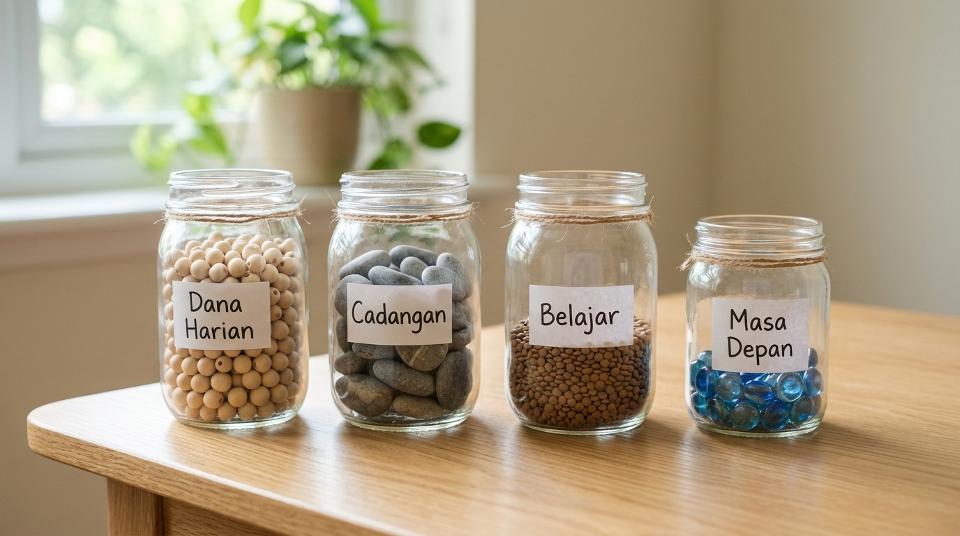 Beberapa toples kaca berlabel diisi sesuai porsi berbeda untuk menggambarkan konsep alokasi aset