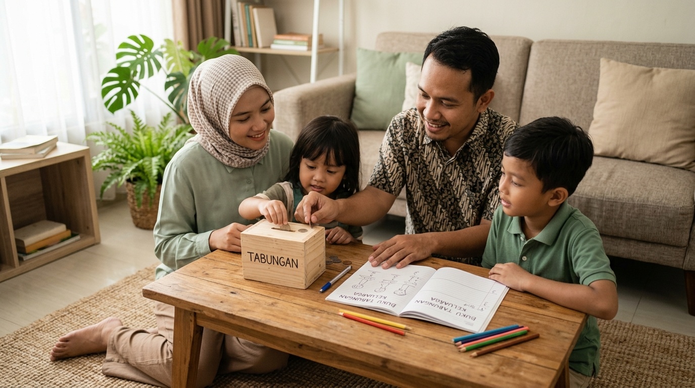 Sebuah keluarga muda menata celengan dan buku catatan keuangan sederhana di meja ruang tamu