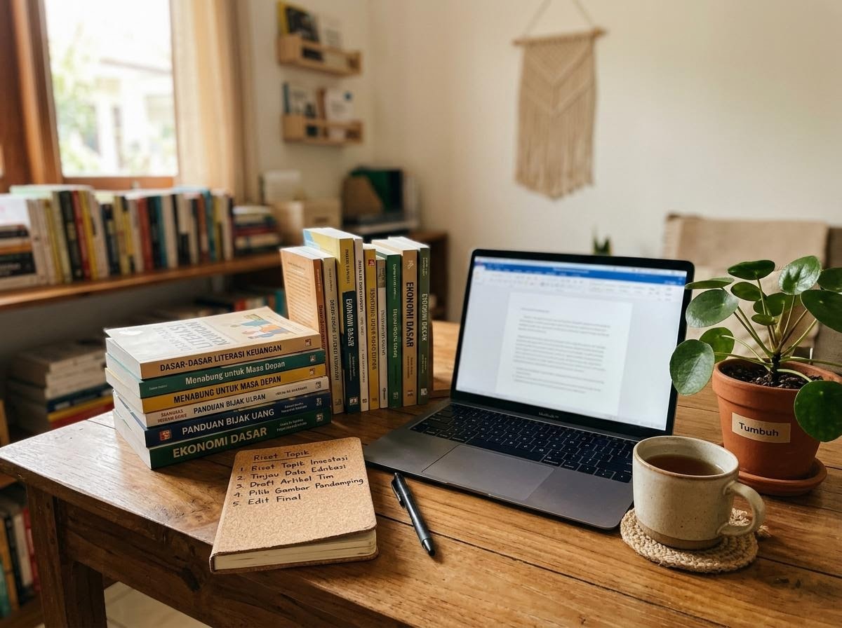 Meja kerja tim riset Blog Literasi Investasi dengan tumpukan buku literasi keuangan dan papan catatan langkah belajar